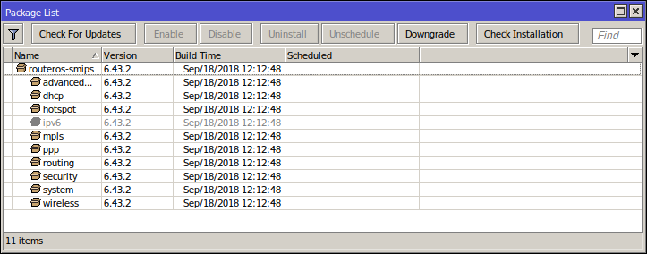 Default package list of MikroTik router