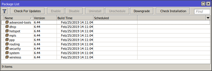 Package list of MirkoTik router after firmware update